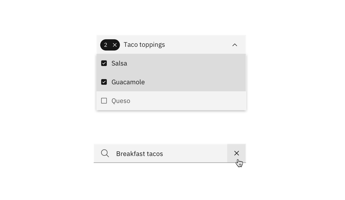 Example of clear in multiselect dropdown and in a search field Example of clear in multiselect dropdown and in a search field